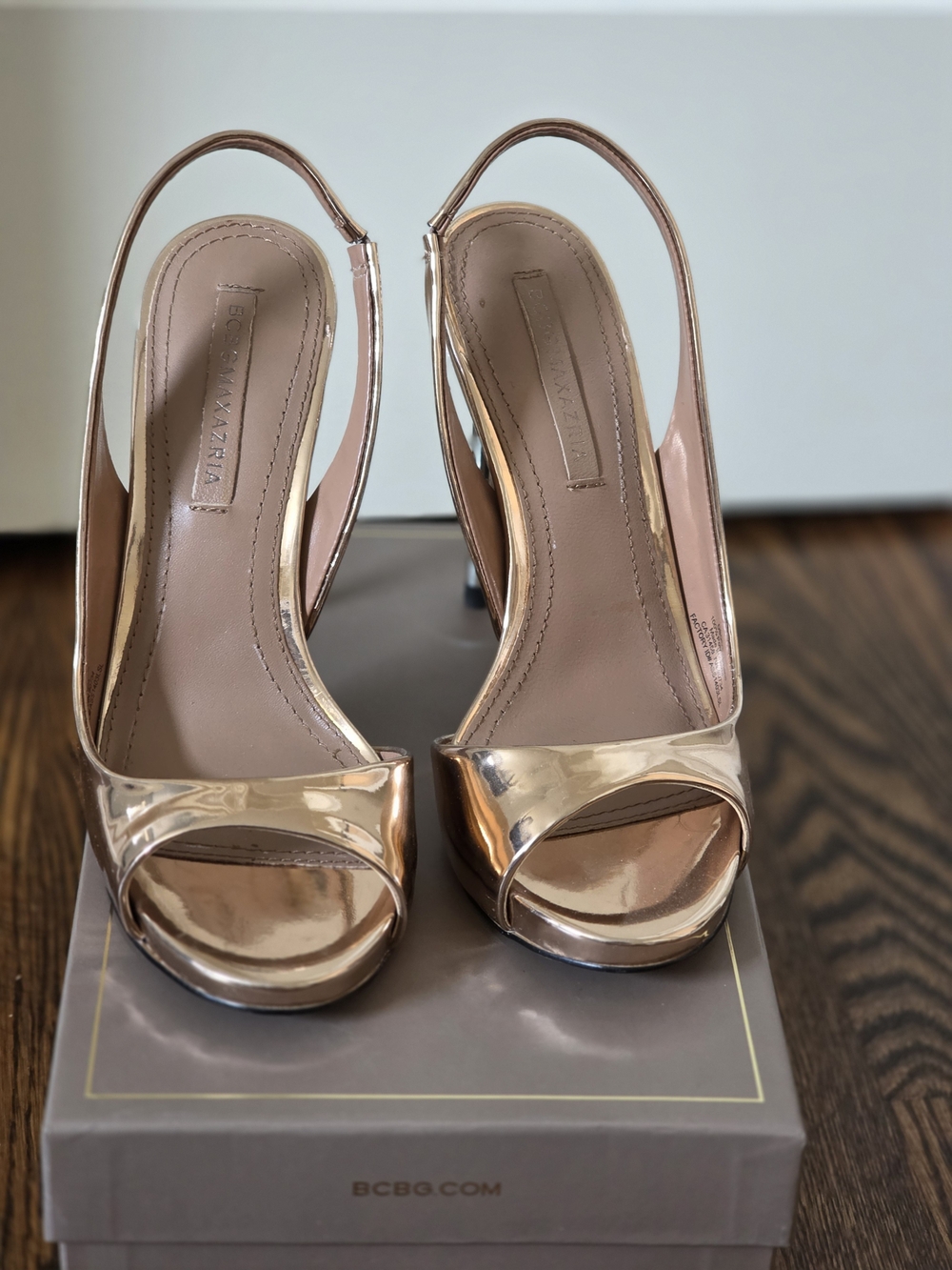 BCBGMaxAzria Metallic Rose Gold Open-Toe Slingback Heels